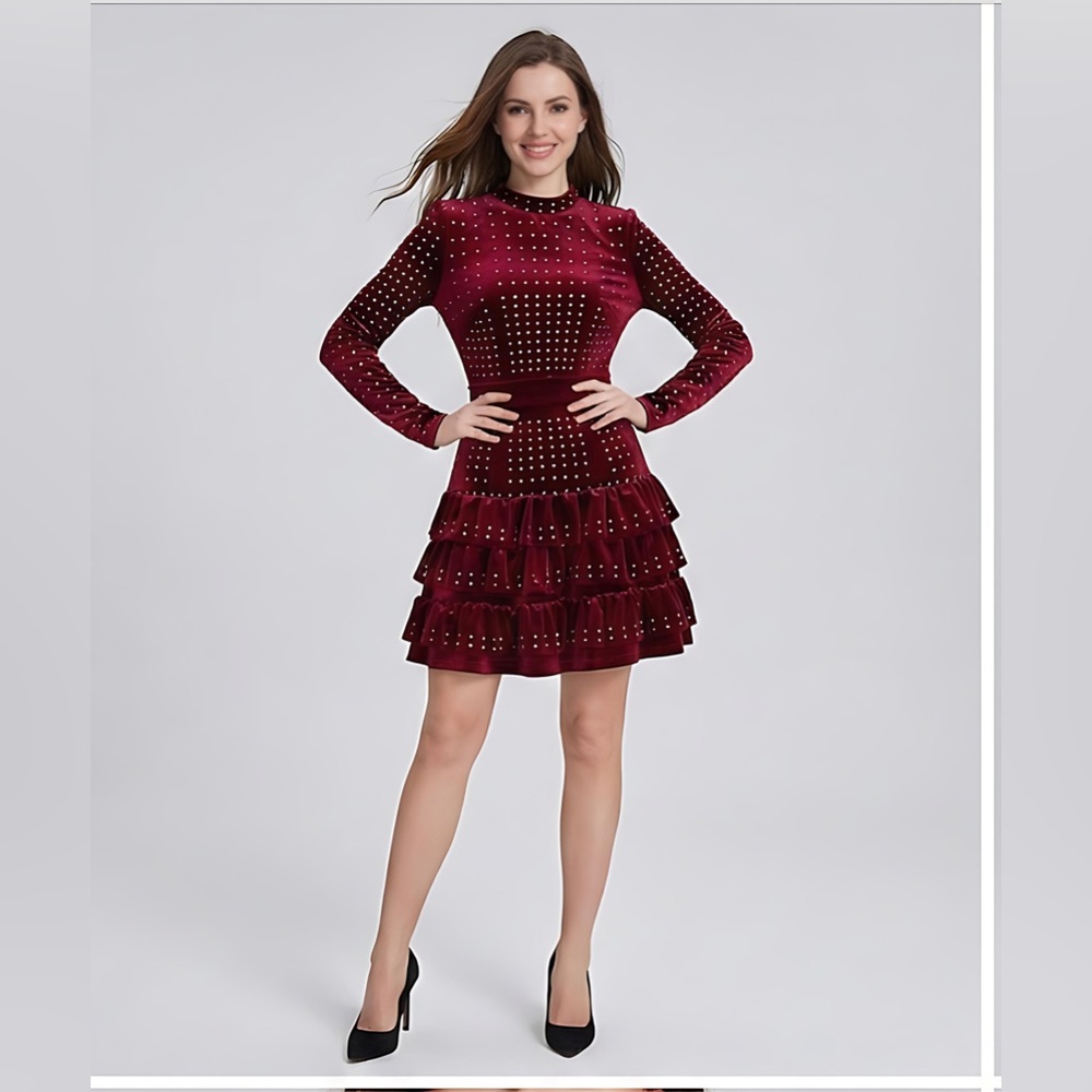 Velvet And Rhinestone Ruffle Hem Mini Dress Black - Picture 3 of 9